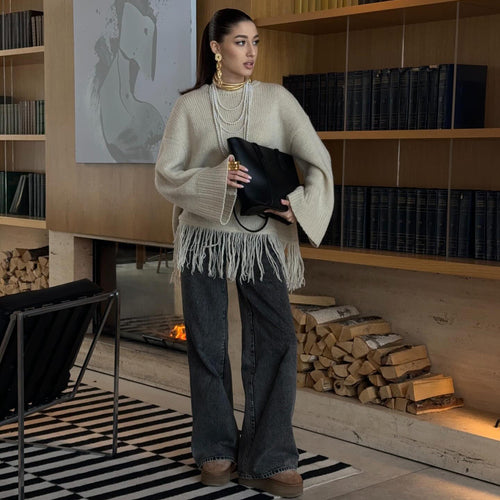 Kvindes Fashionable Strikket Sweater med Frynser Stilla