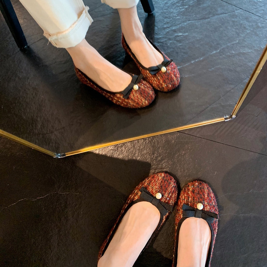 Damer Elegante Tweed Ballerinaer med dekorativ sløjfe og perleakkenter Stilla