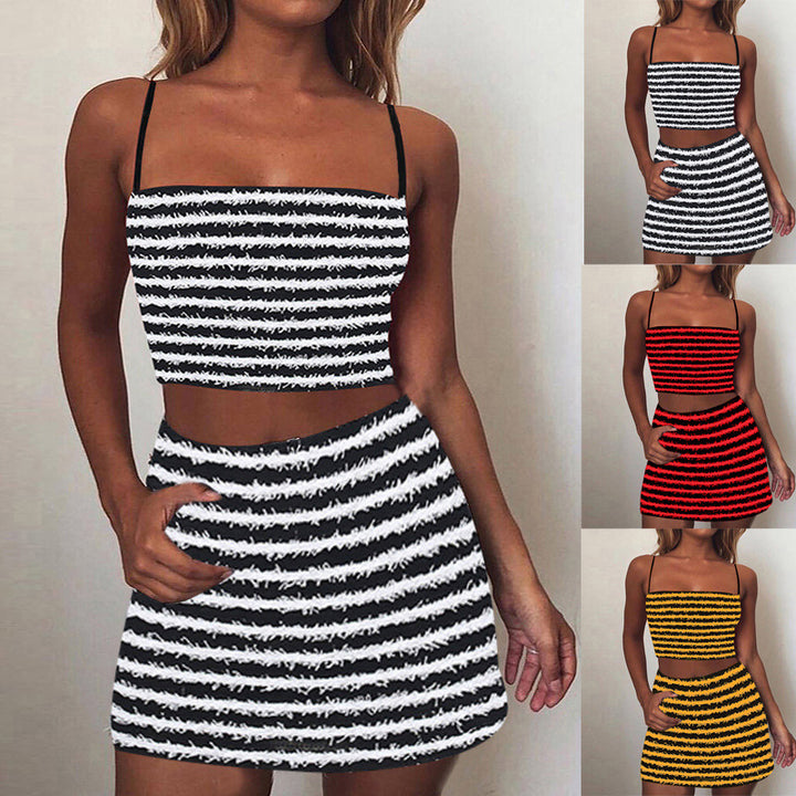 Dame To-delt Crop-top og Nederdel Sæt med iøjnefaldende Stribemønster Stilla