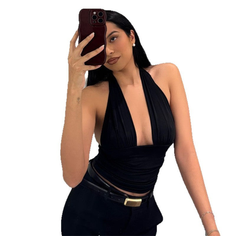 Dame Elegant Crop-Top med dyb V-udskæring og indpakningsdetaljer Skovae