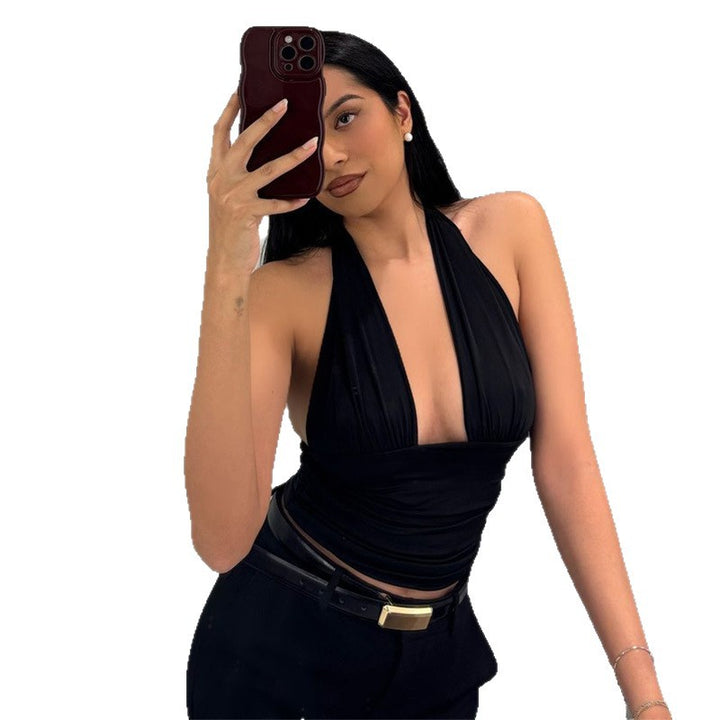 Dame Elegant Crop-Top med dyb V-udskæring og indpakningsdetaljer Skovae