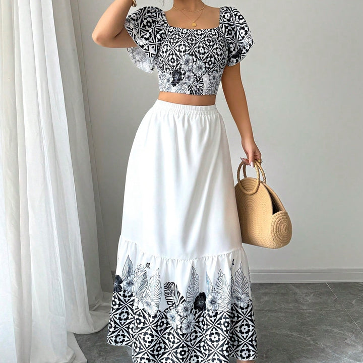 Dame Bohemian Trykt Crop Top og Maxi Skørt Sæt Stilla