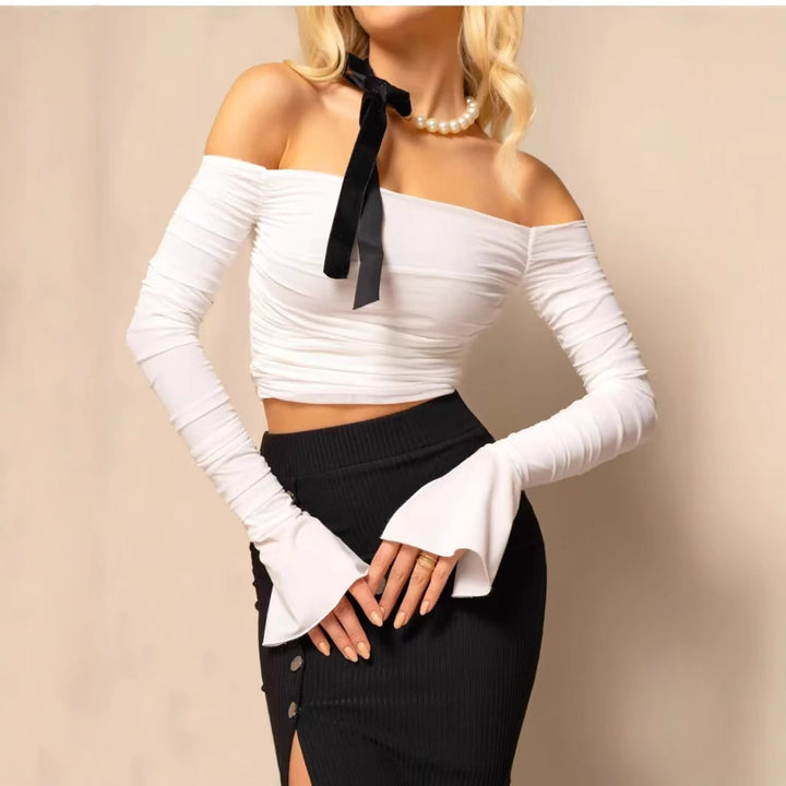 Dame Off-Shoulder Top med lange ærmer og flæsedetaljer Skovae