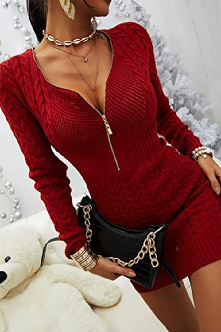 Stilla | Zipper V-hals Bodycon Trøje Kjole