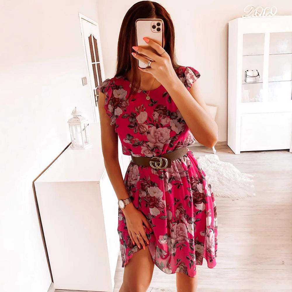 Dame Floral Cap Ærme Midi Kjole Stilla