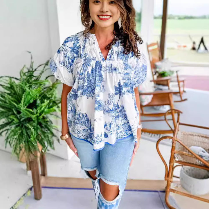 Damer Vintage Bomuldsbluse med grafisk tryk Stilla