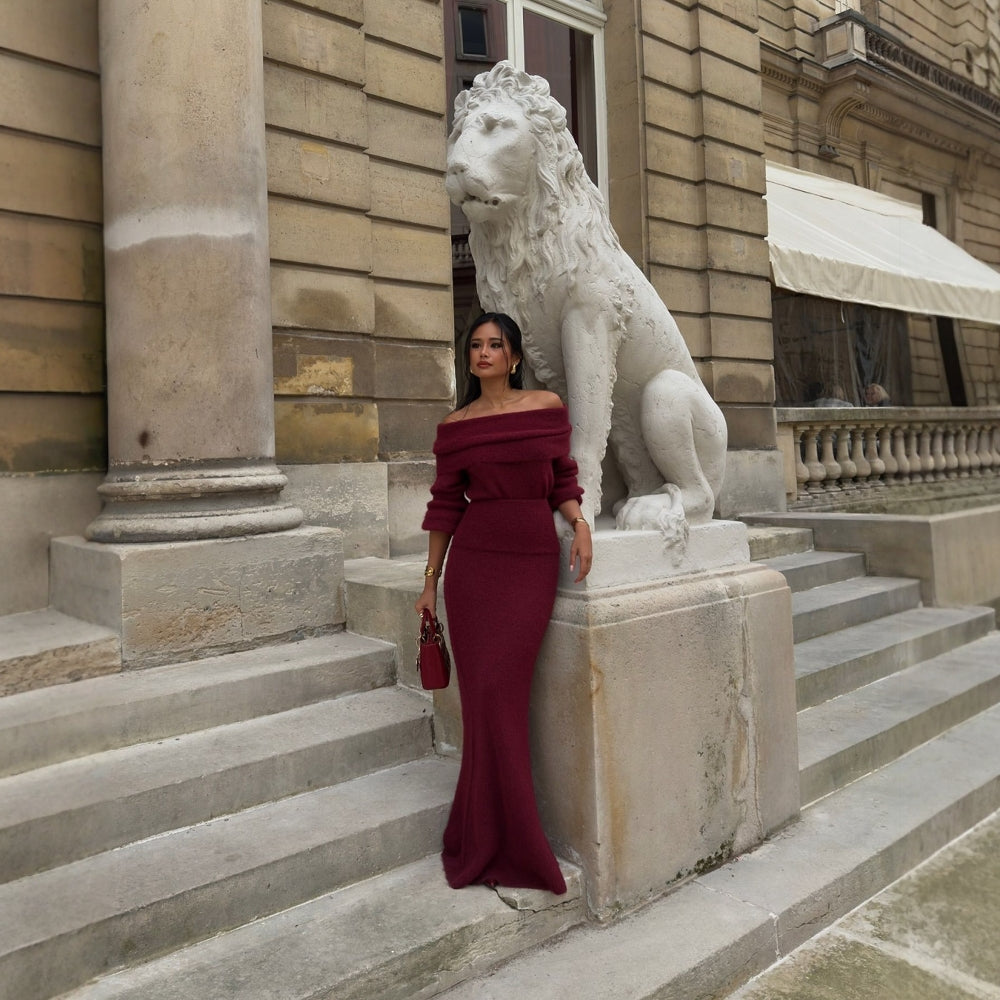 Kvinder Elegant Strikket Maxi Kjole med Off-Shoulder Design og Lange Ærmer Skovae