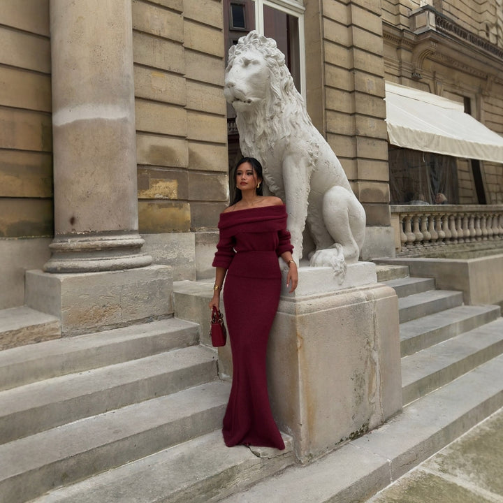 Kvinder Elegant Strikket Maxi Kjole med Off-Shoulder Design og Lange Ærmer Skovae
