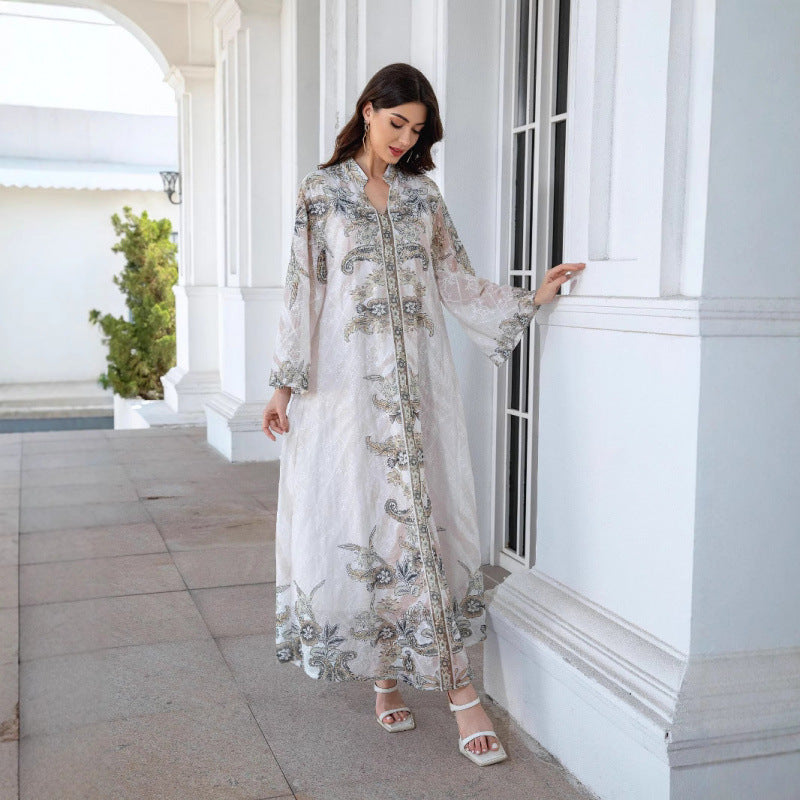 Dame Elegant Kaftan med blomsterdesign og transparente ærmer Skovae