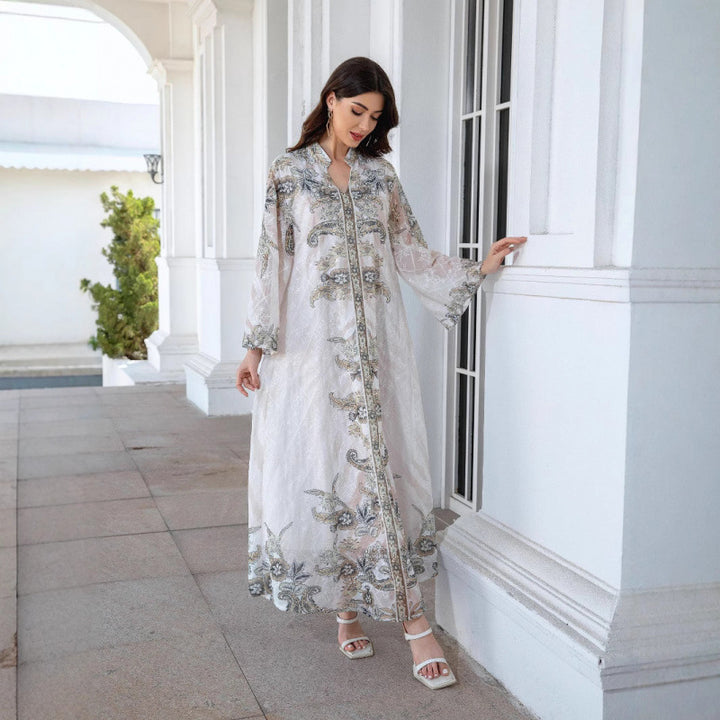 Dame Elegant Kaftan med blomsterdesign og transparente ærmer Skovae
