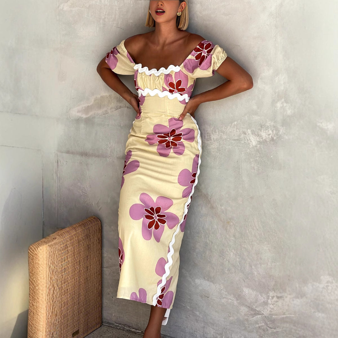 Dame Off-Shoulder Midikjole med florale applikationer og flæsedetaljer Stiila