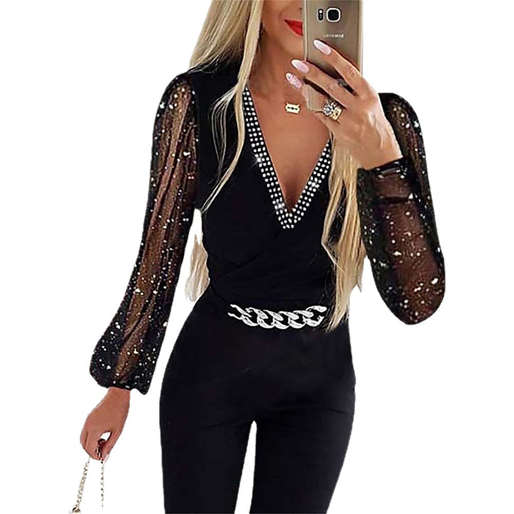 Dame Elegant Mesh-Ærme Jumpsuit Stilla