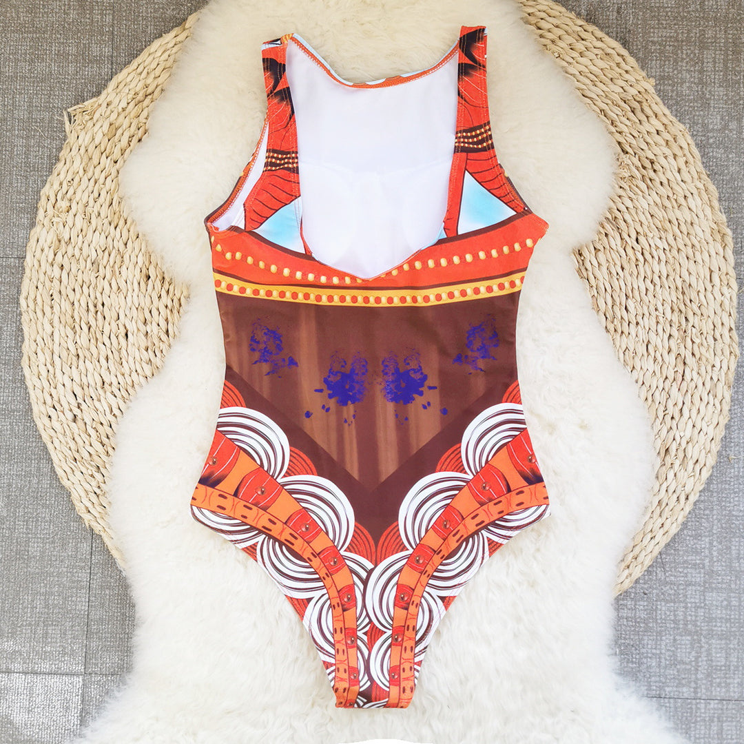 Dame one-piece badedragt med tribal-inspireret mønster og høj krave Stilla