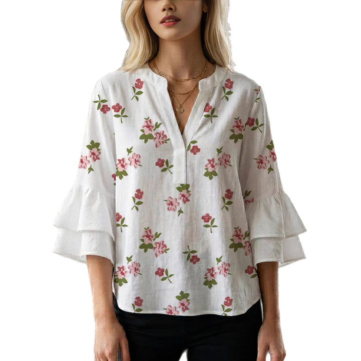 Damebluse med voluminøse rynkede ærmer og moderne motiv Skovae