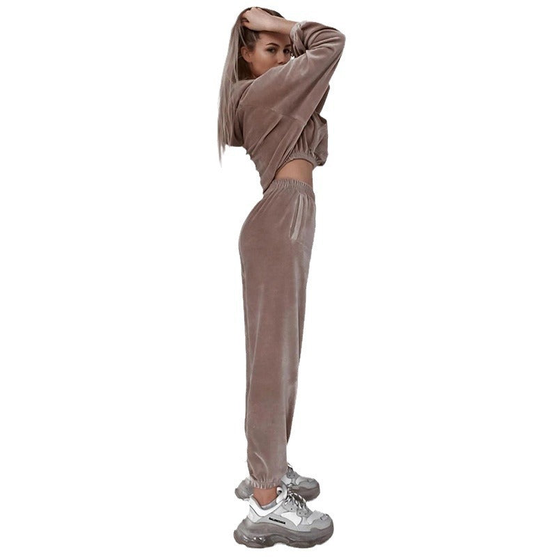 Dame Casual Velours Sportsæt med cropped top og elastiske bukser Stilla