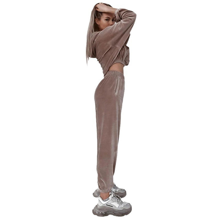 Dame Casual Velours Sportsæt med cropped top og elastiske bukser Stilla
