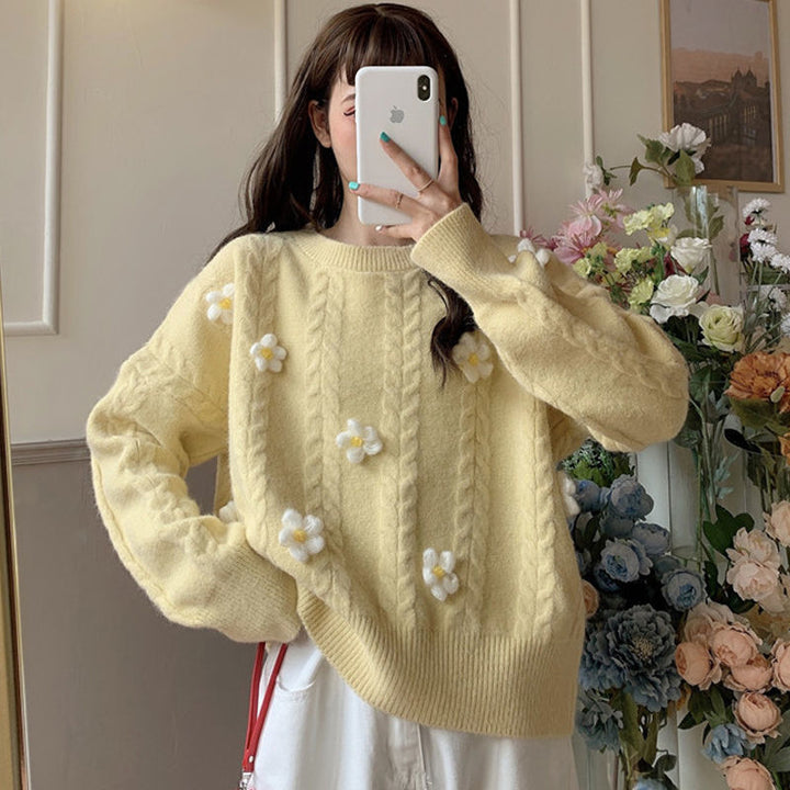 Dame Fashionable Chunky Strik Sweater med Blomsterapplikationer Stilla
