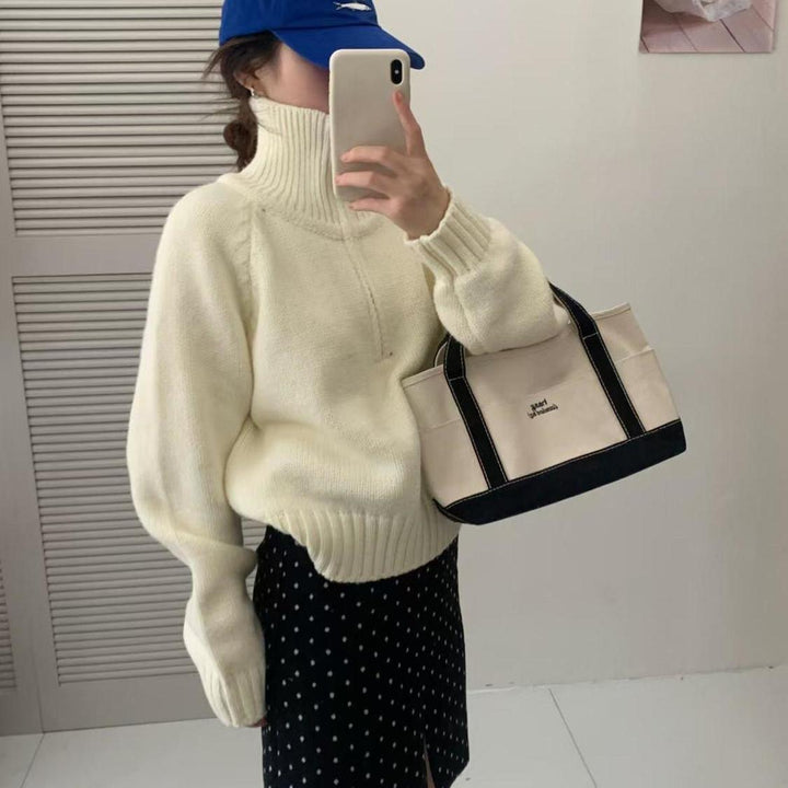 Kvinders fashionable strikket sweater med høj krave og lynlås Stilla