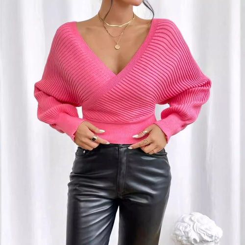 Dame elegant V-hals strikpullover med voluminiøse ærmer Stilla