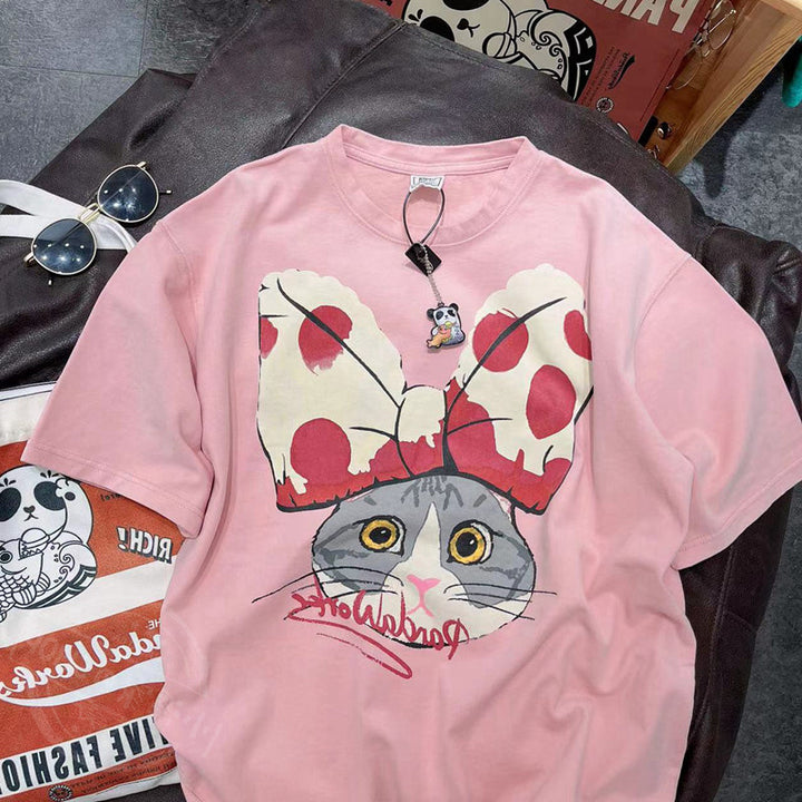 Dame T-shirt med legende kattemotiv og vidunderligt sløjfedesign Stilla