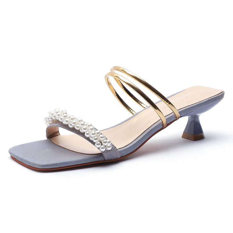 Femme Elegante Perleprydede Slide Sandaler med Blokhæle Stilla