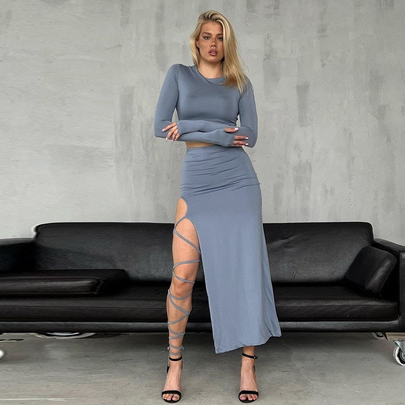 Dame Elegant Crop-Top med asymmetrisk nederdel og raffineret ben-splitt Skovae