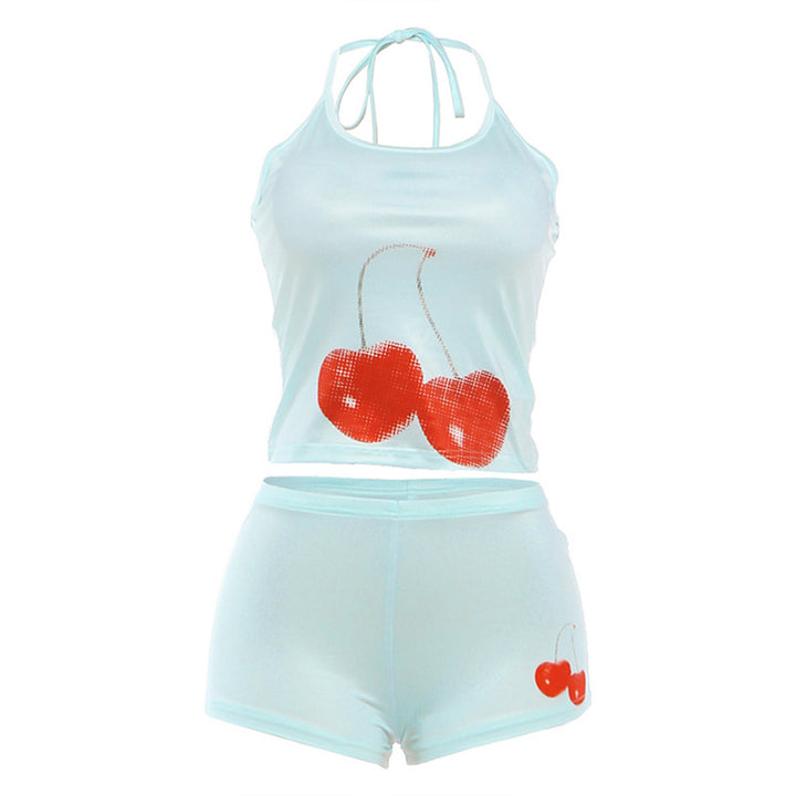 Dame bomulds-crop-top med cherrydesign og shorts Skovae