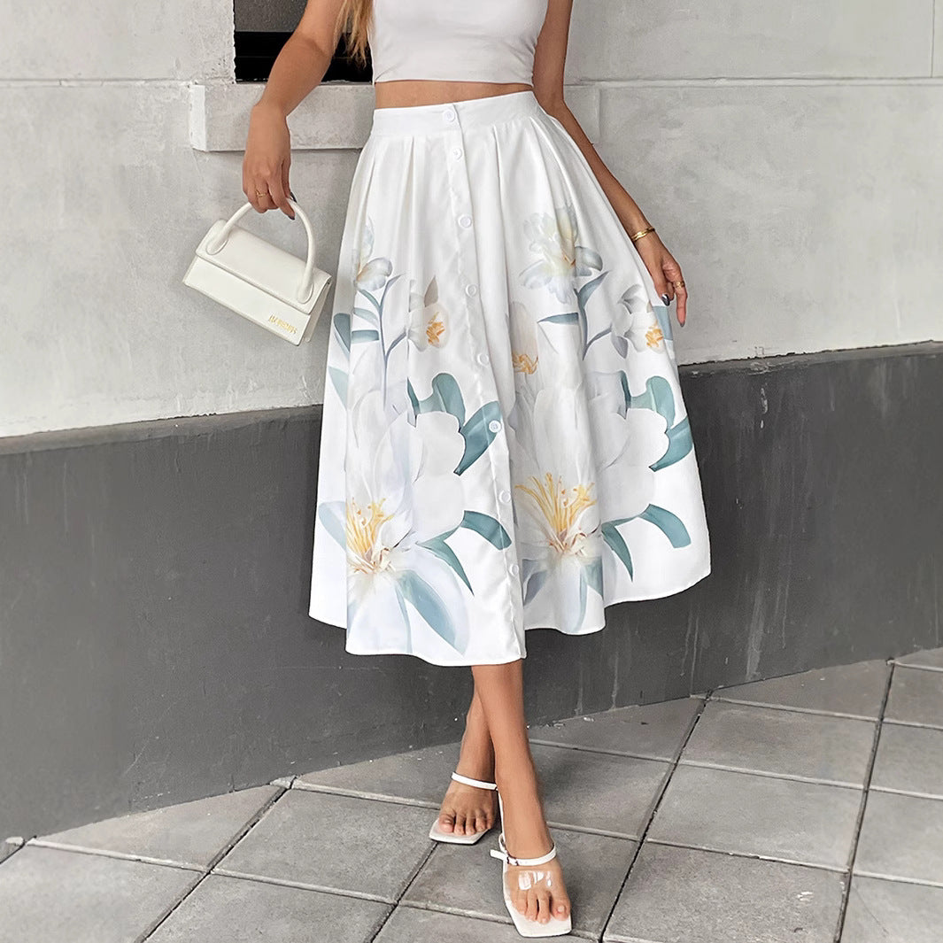 Dame Floral Print A-linje Midi Nederdel Stilla
