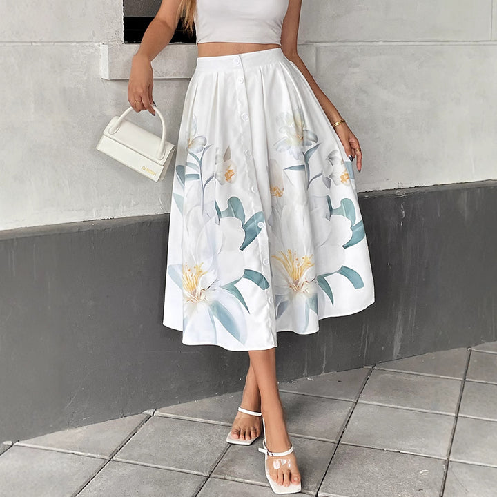 Dame Floral Print A-linje Midi Nederdel Stilla