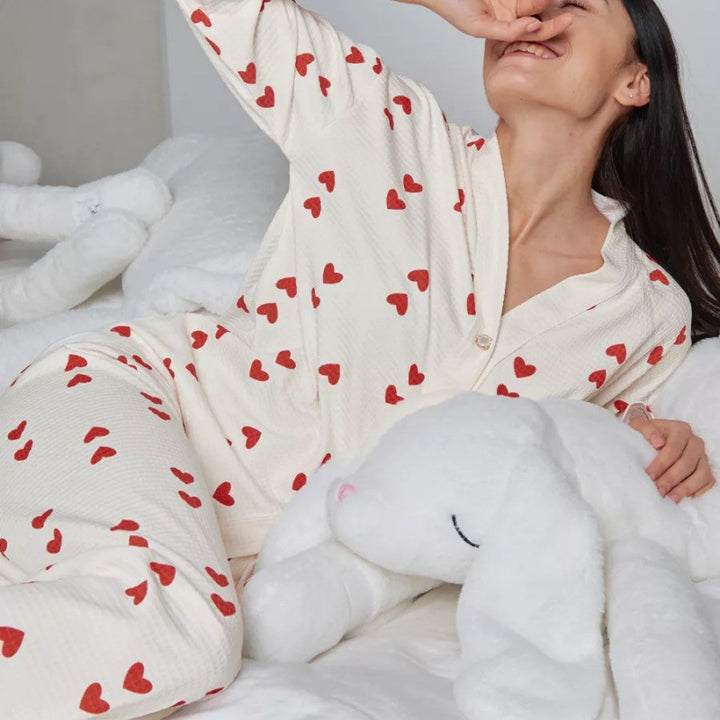 Femme Cozy Hjerte Tryk Loungewear Sæt Stilla