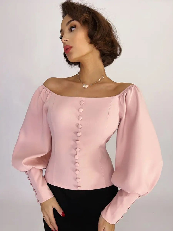 Dame Off-Shoulder Bluse med elegante puffærmer og knapdetaljer Stilla