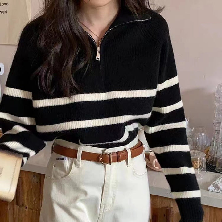 Dame mode sweatshirt med en solid lynlås og stribet mønster Stilla
