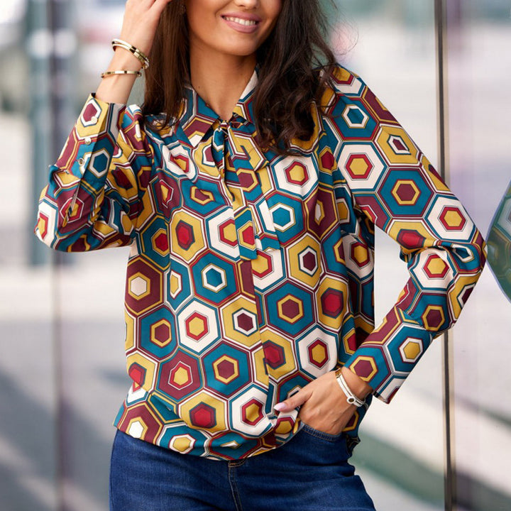 Dame Elegant Bluse med geometrisk mønster og sløjfe-detalje Stilla
