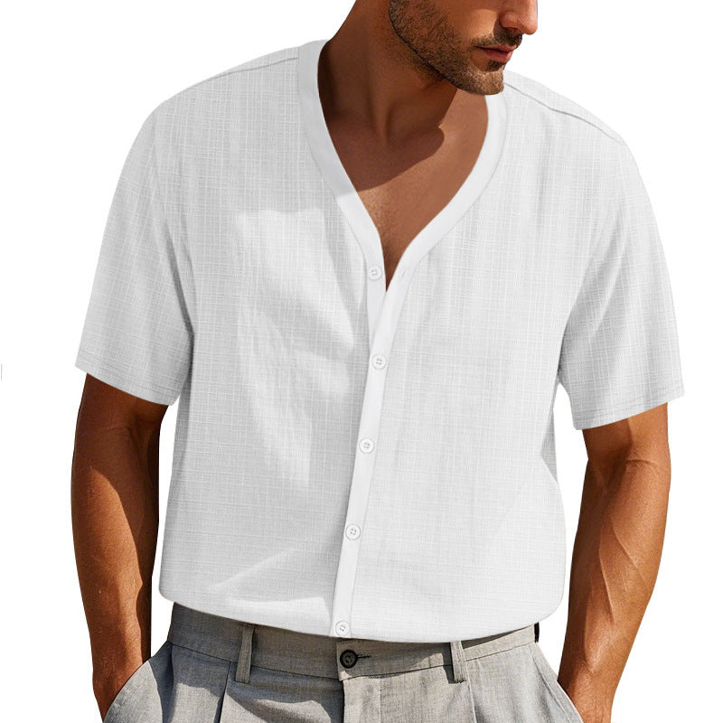 Herrer Kortsleeve Henley Skjorte med moderigtigt V-udskæring og struktureret design Stilla