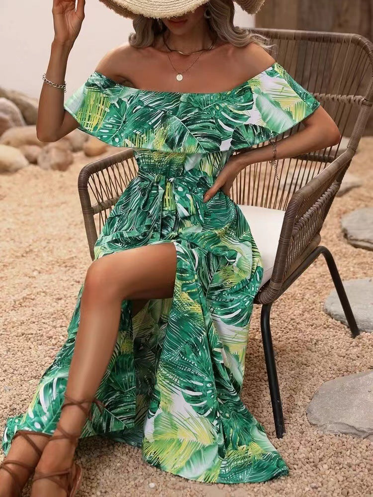 Femme Off-Shoulder Tropisktryk Maxikjole med sideløsning Stilla
