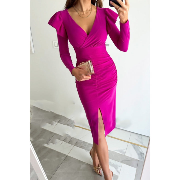 Femme Elegante Raffung Midi Kjole med Rysjer Stilla