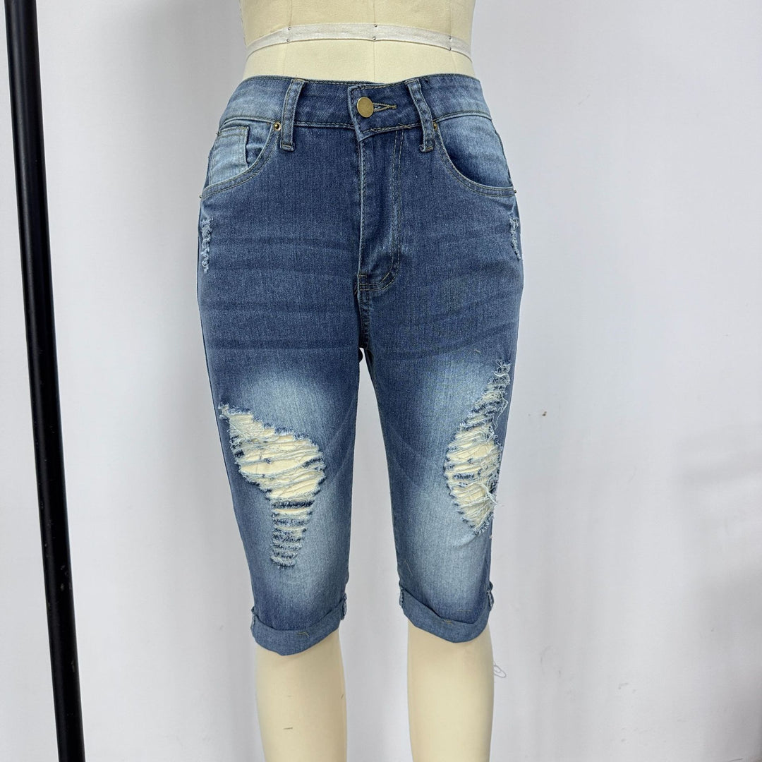 Dame Modeødelagte Denim-Shorts med Høj Talje og Revne Detaljer Skovae