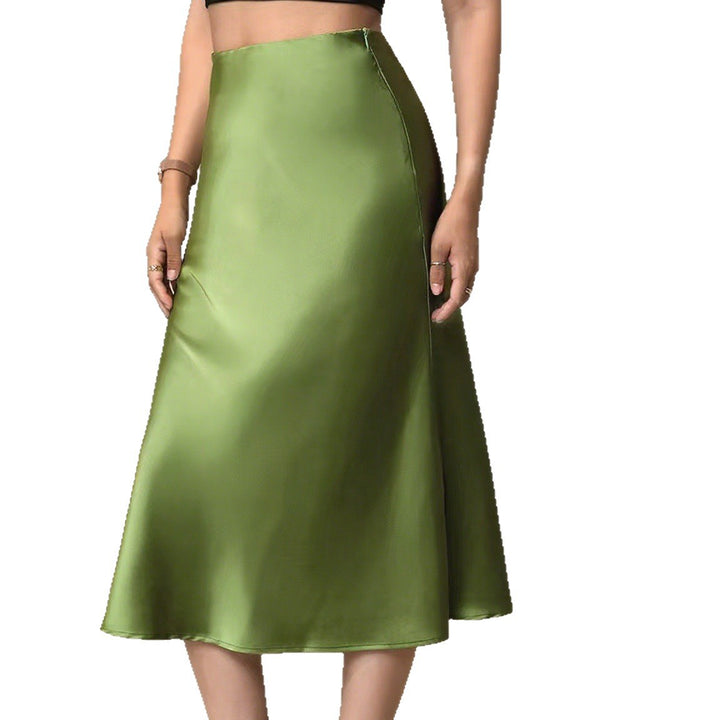 Dame Elegant Satin-Midi-nederdel med høj skæring og flydende fald Skovae