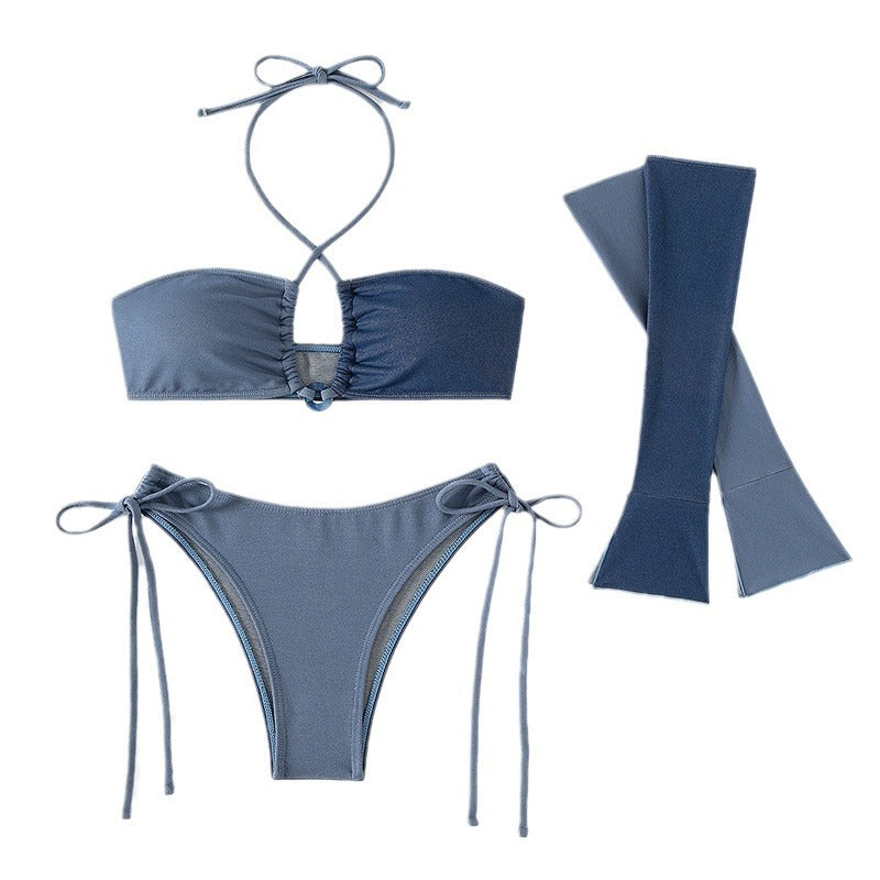 Dame bandeau bikini sæt med asymmetrisk ærmer og justerbare stropper Skovae