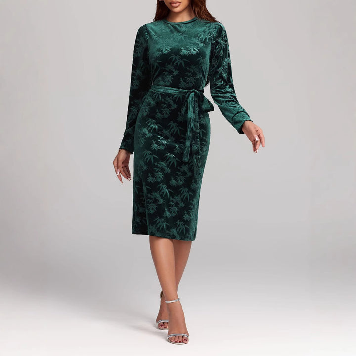 Dame elegant Velour-Midi-Kjole med taljebælte og lange ærmer Stilla