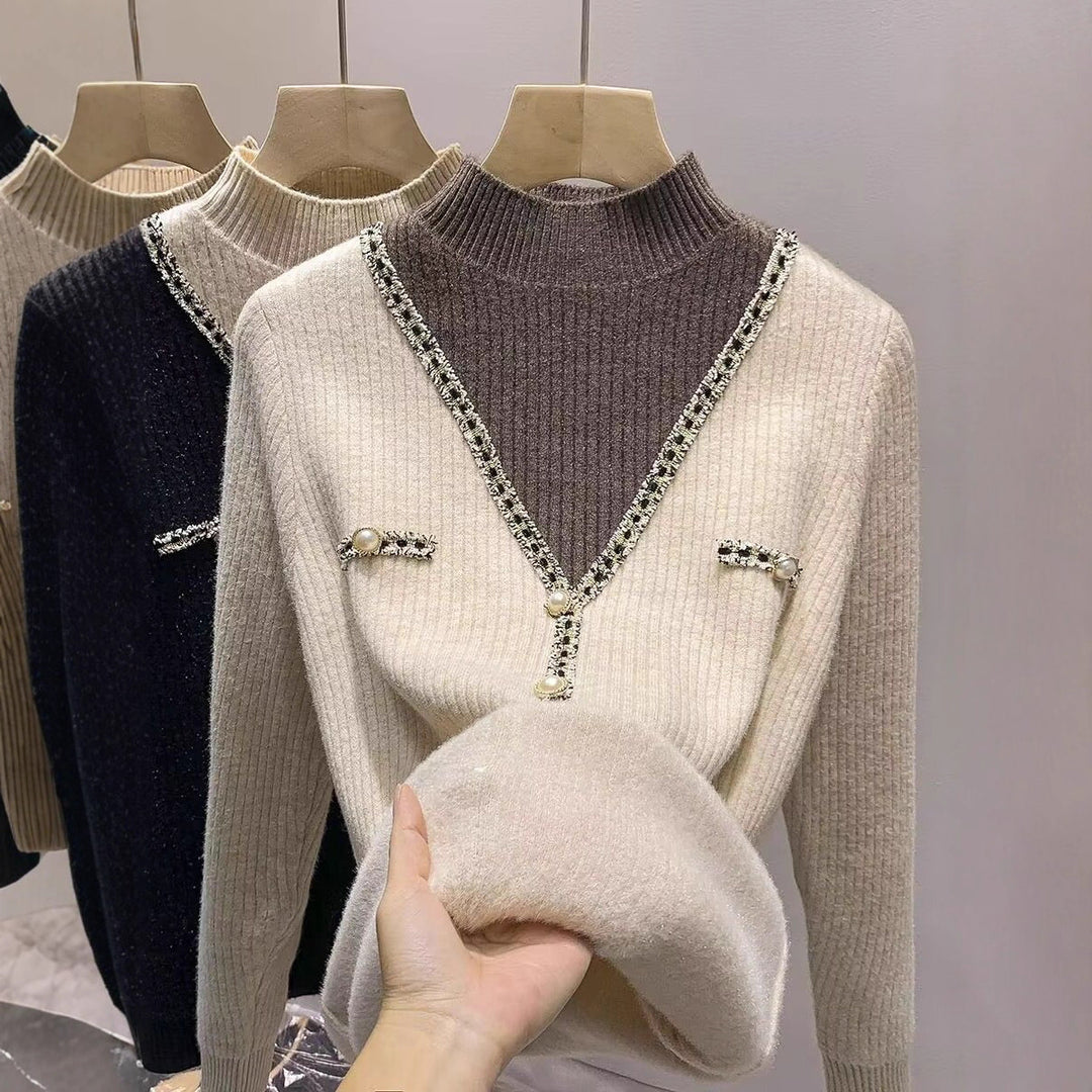 Dame mode V-hals pullover med glimmerdetaljer og knapper Stilla