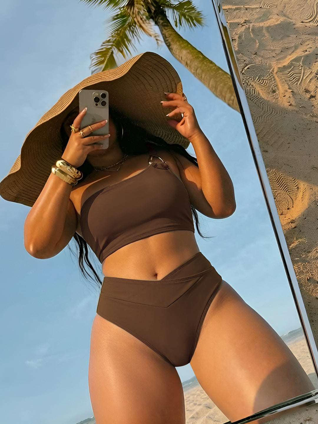 Dame Højtaljet Bikini-sæt med asymmetrisk top Skovae