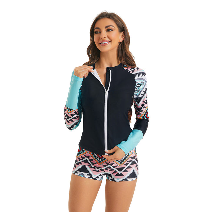 Dame Langærmet Zip-Up Rash Guard Svømmesæt Stilla