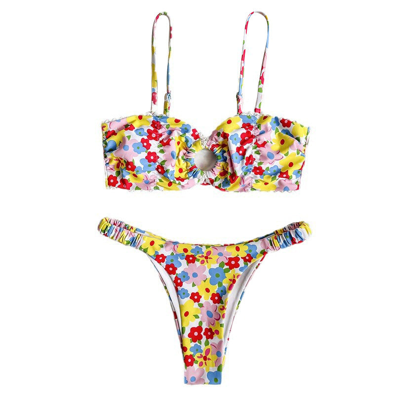 Dame Bikini-sæt med legende blomsterdesign og rynket overdel Stilla