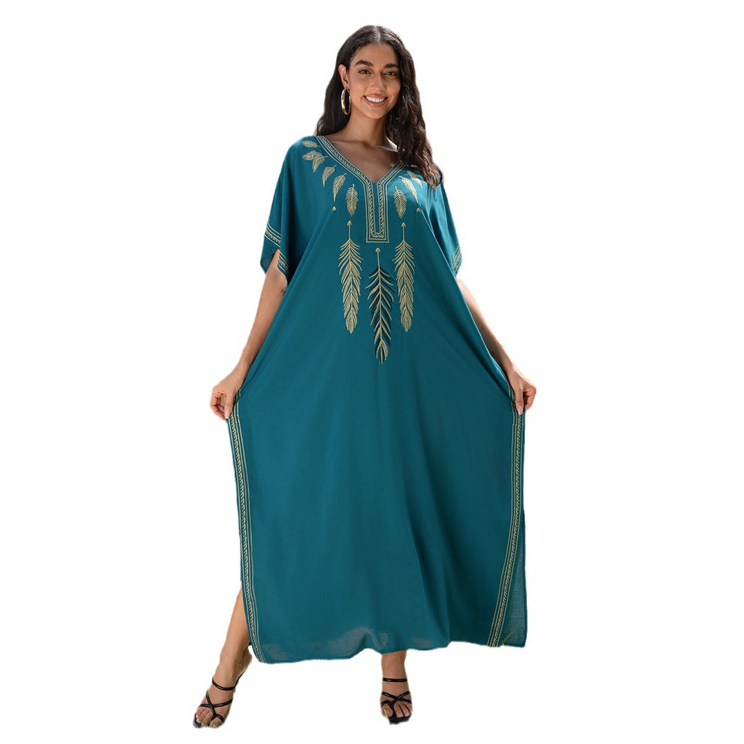 Dame Maxikaftan med kunstnerisk broderi og sidelommer Stilla