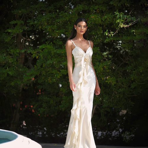 Dame Elegant Rynket Satin Aftenkjole Stilla