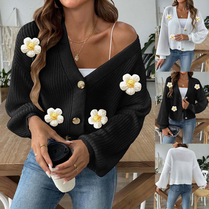 Damer moderigtig strik-Cardigan med innovativt blomstermotiv og ballonærmer Stilla