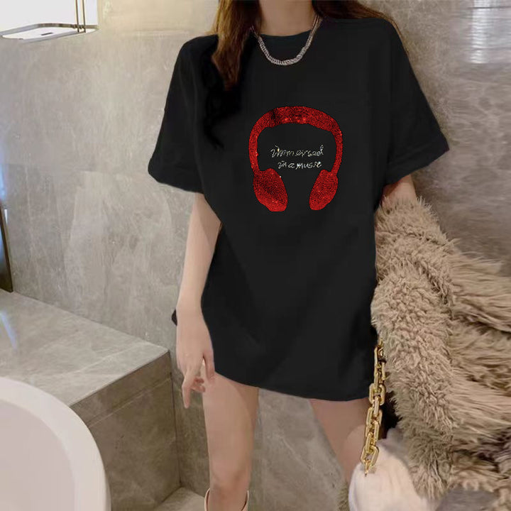 Dame T-shirt med kreativ hovedtelefon-design og funklende skrift Stilla