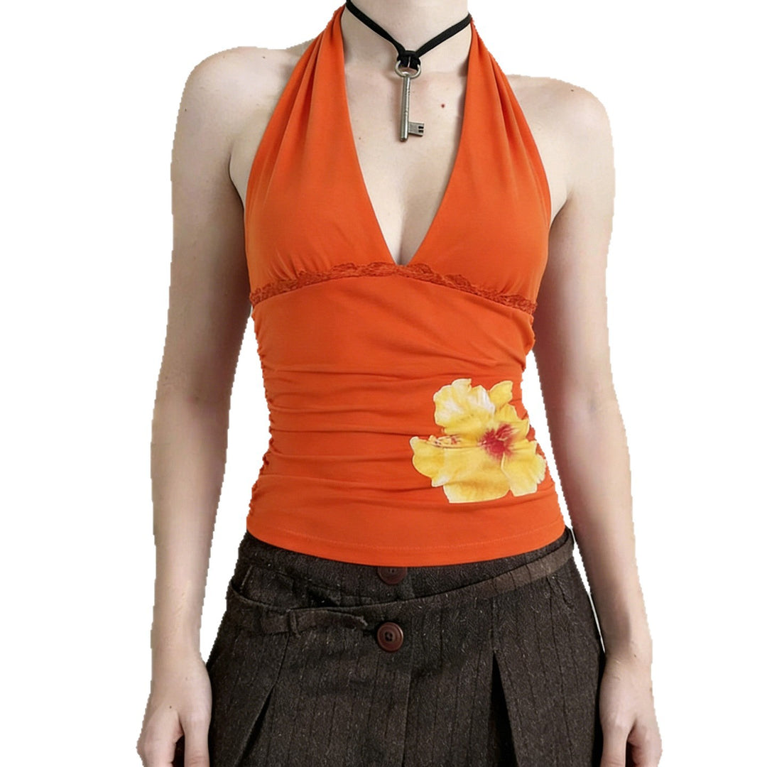 Dame Halter-Top med blomsterdesign og rynkning Skovae