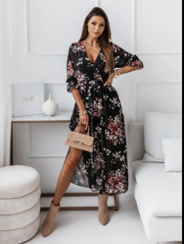 Dame Maxikjole med blomsterdesign og dyb slids Stilla